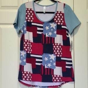 Patchwork Patriotic Stars Stripes Red White Blue Modal Fabric Tee Size Small NWT